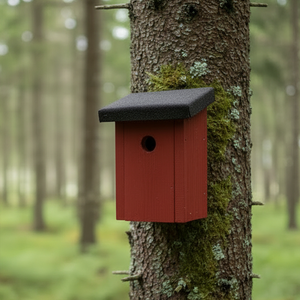 Rött fågelhus utan pinne