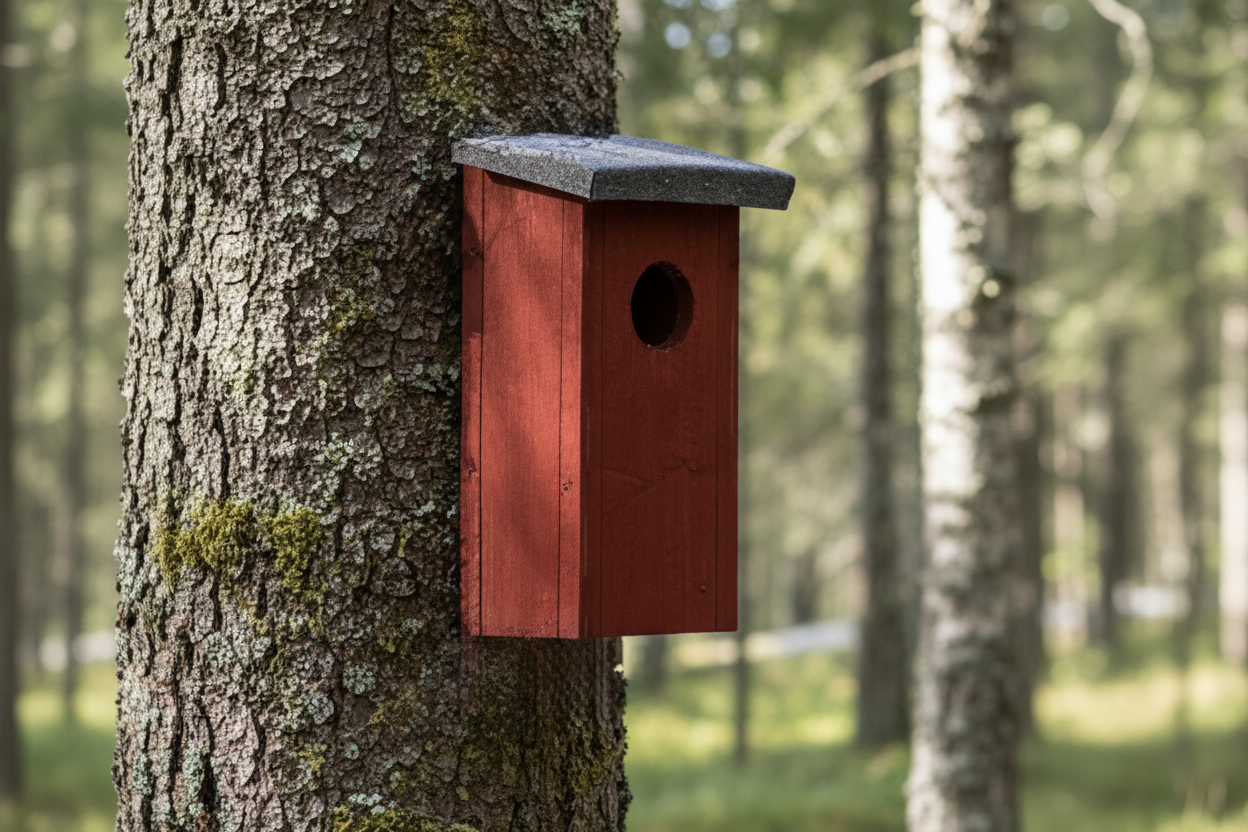 Förbättrat rött fågelhus på träd
