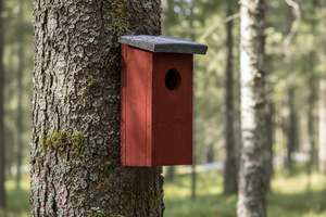 Förbättrat rött fågelhus på träd