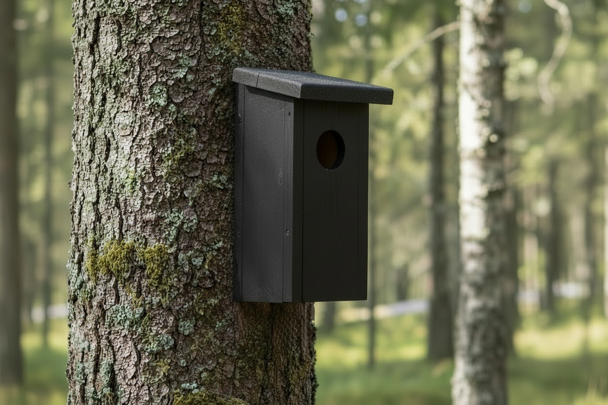 Svart fågelhus utan pinne